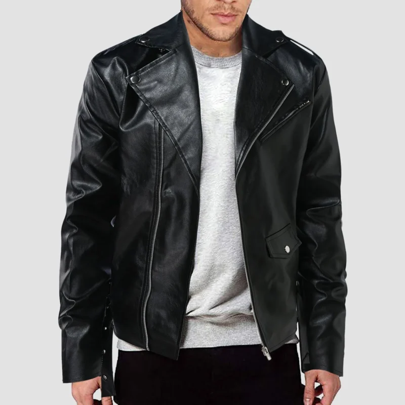 Classic PU Leather Motorcycle Jacket Slim Fit Zip-Up Coat for Men
