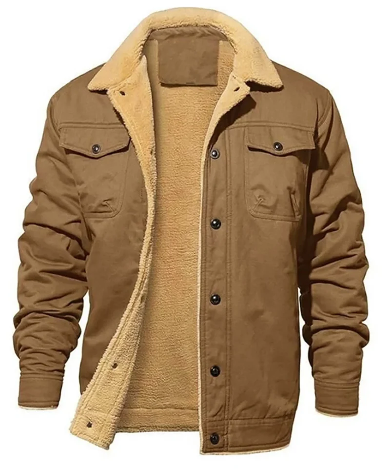 Men's Winter Shearling Lined Coat with Button Front and Turn-down Collar - Image 7