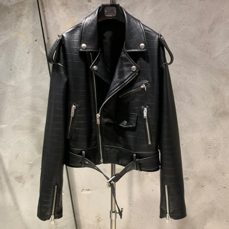 Premium Sheepskin Leather Biker Jacket with Turn-down Collar for Men - Image 11
