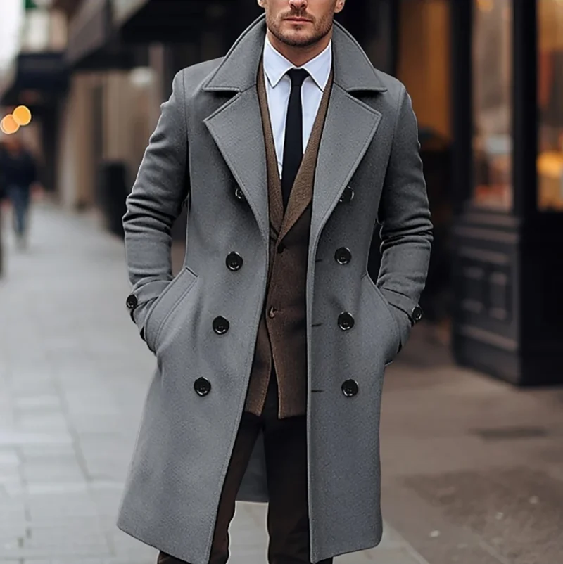 Classic Double Breasted Mid-Length Wool Blend Overcoat for Men - Image 8