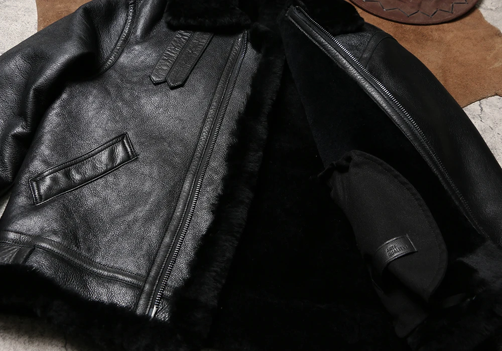 Classic B3 bomber style showcasing authentic shearling construction with fur lining