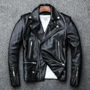 Classic Black Sheepskin Leather Motorcycle Jacket with Slim Fit for Men