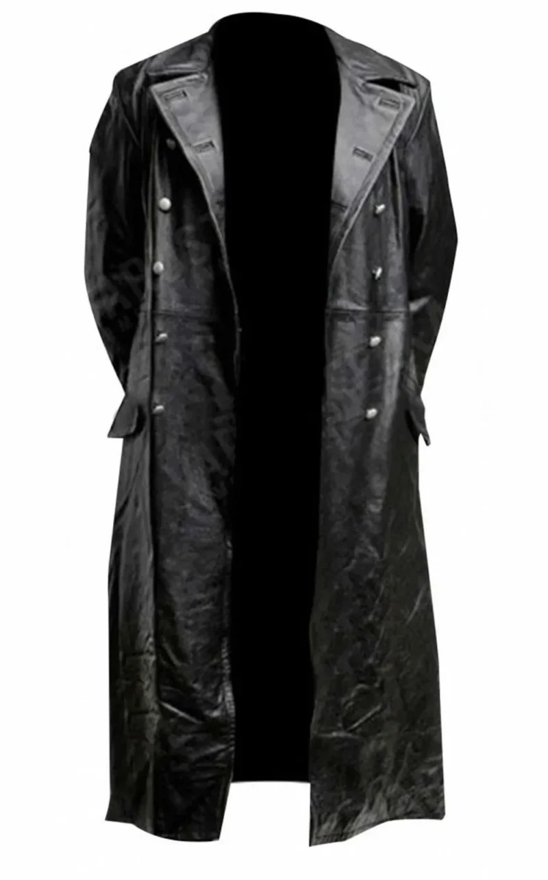 Classic Military Officer Leather Trench Coat in Black for Men - Image 5
