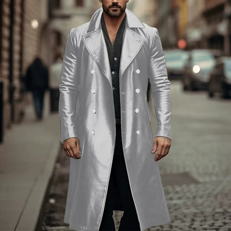 Vintage Style Faux Leather Slim Fit Zippered Trench Coat for Men - Image 5