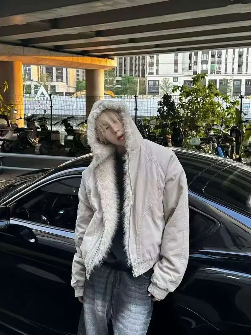 Retro Woolen Hooded Winter Jacket with Plush Lining for Men - Image 2