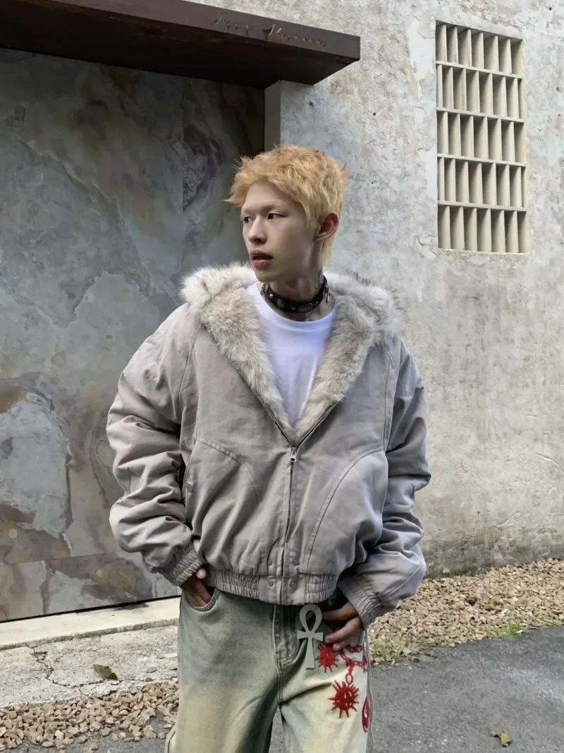 Men's Urban Retro Hooded Jacket with Plush Lining for Winter - Image 4