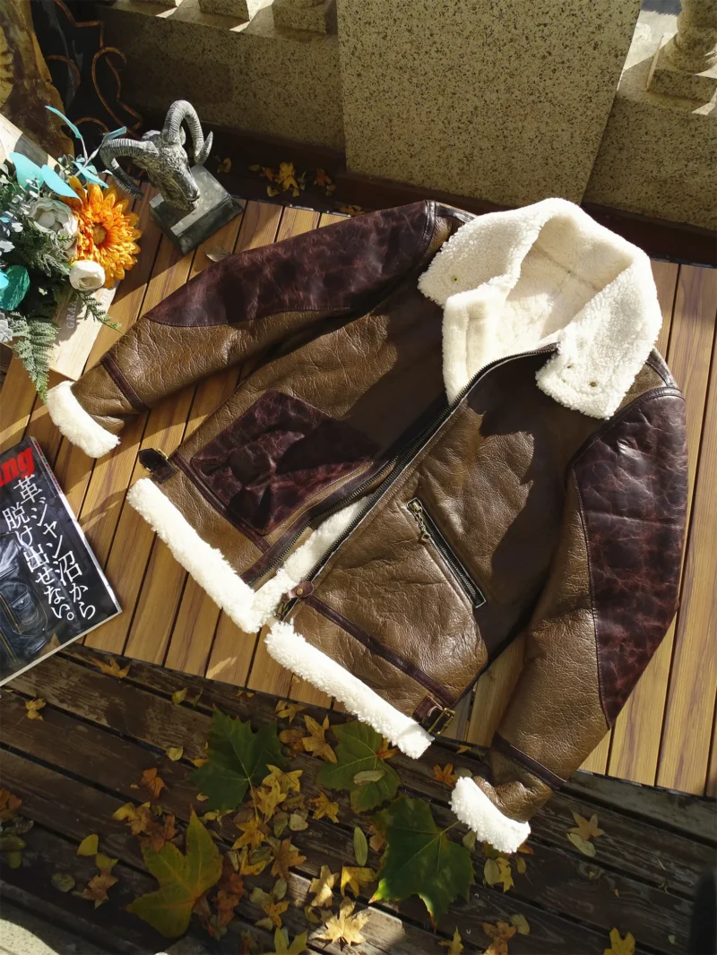Premium Shearling Sheepskin Men's Leather Jacket with Turn-down Collar