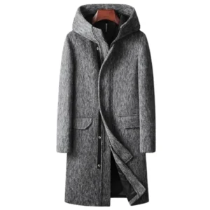 Men's Premium Wool Hooded Trench Coat Long Winter Overcoat