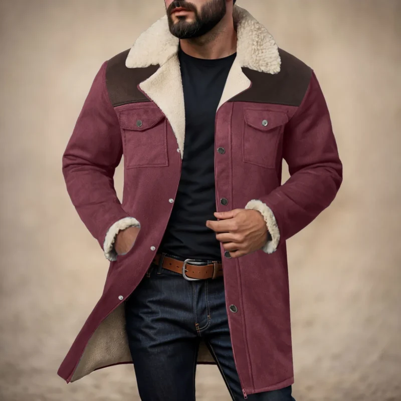 Men's Suede Color Block Jacket with Plush Lapel Multi-Pocket Design - Image 7