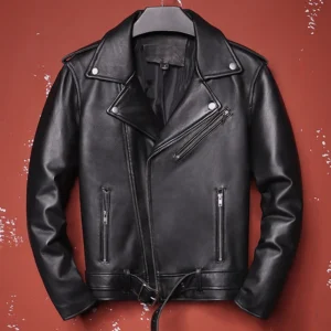 Men's Classic Sheepskin Leather Motorcycle Jacket with Asymmetrical Zipper
