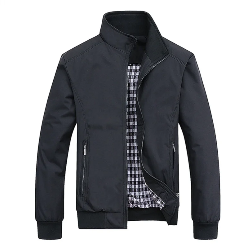 Men's Casual Bomber Jacket with Stand Collar - Solid Color Zip-Up - Image 5