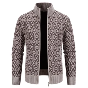Men's Fleece-Lined Knit Jacket with Stand Collar for Winter