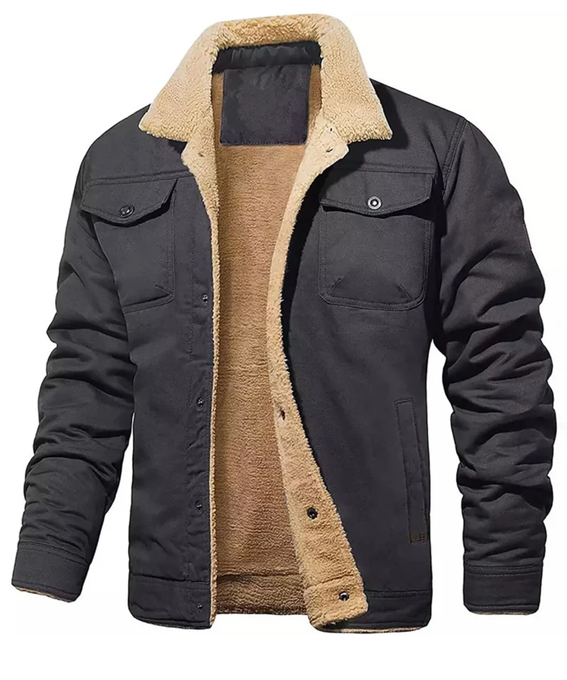 Men's Winter Shearling Lined Coat with Button Front and Turn-down Collar - Image 9