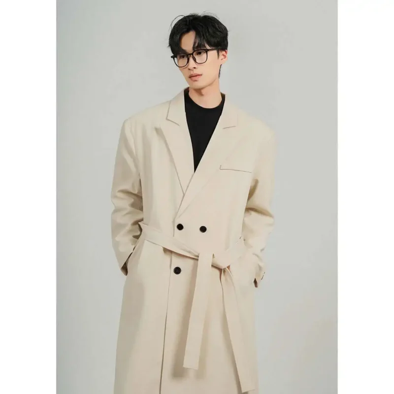Men's Double Breasted Mid-Length Trench Coat with Belt - Image 9