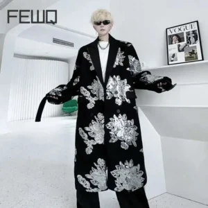 Men's Double Breasted Wool Overcoat with Embroidery Detail and Belt