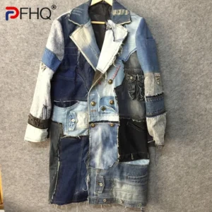 Men's Patchwork Denim Double Breasted Trench Coat With Distressed Detail