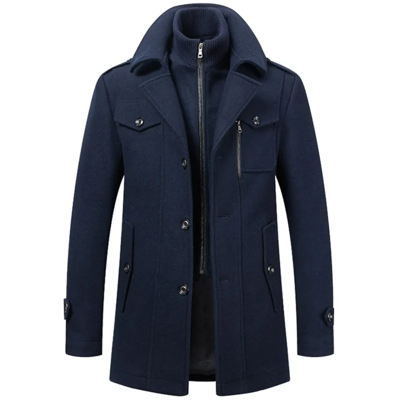 Men's Layered Turtleneck Wool-Blend Trench Coat with Zipper - Image 4