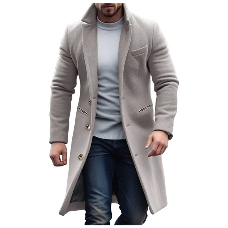 Men's Mid-Length Wool Blend Trench Coat with Single Breasted Closure - Image 4