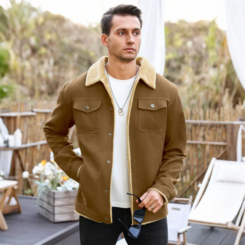 Men's Winter Shearling Lined Coat with Button Front and Turn-down Collar - Image 5
