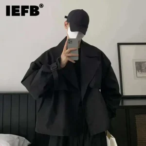 Men's Classic Short Trench Coat with Belt Casual Lapel Windbreaker