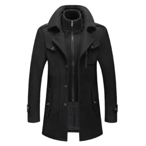 Men's Layered Turtleneck Wool-Blend Trench Coat with Zipper
