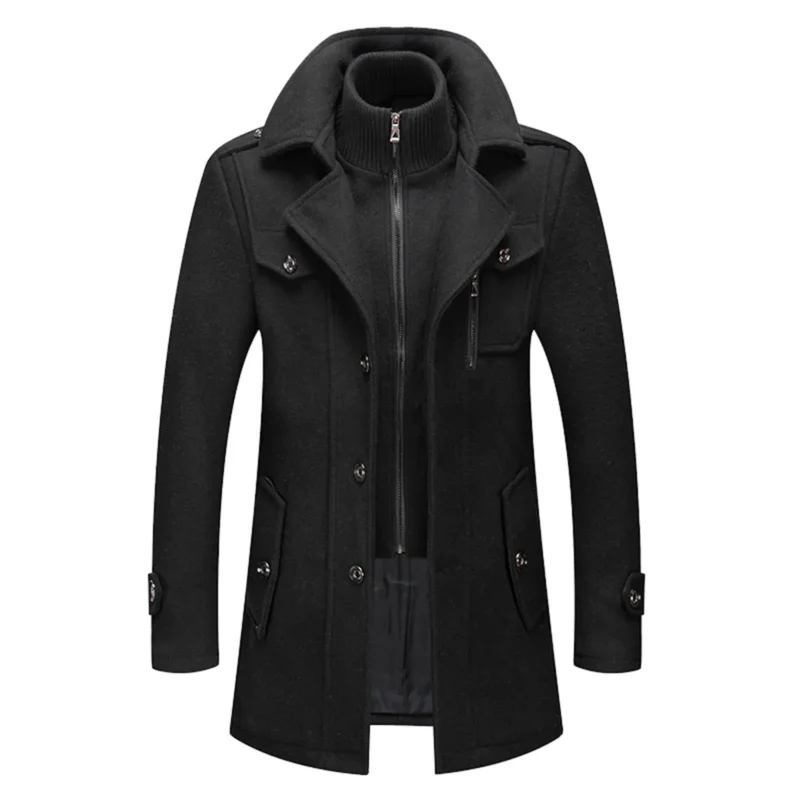 Men's Layered Turtleneck Wool-Blend Trench Coat with Zipper