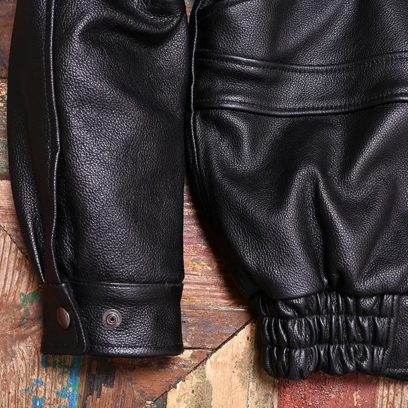 Men's Vintage Style Cowhide Leather Jacket with Turn-down Collar - Image 4