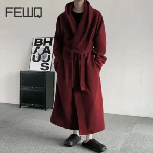 Men's Premium Wool Long Overcoat with Belt Winter Casual Trench