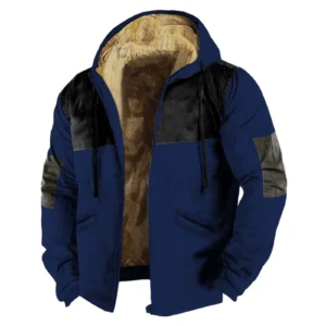 Men's Fleece-Lined Winter Hooded Jacket with Zip Closure and Color Block Design