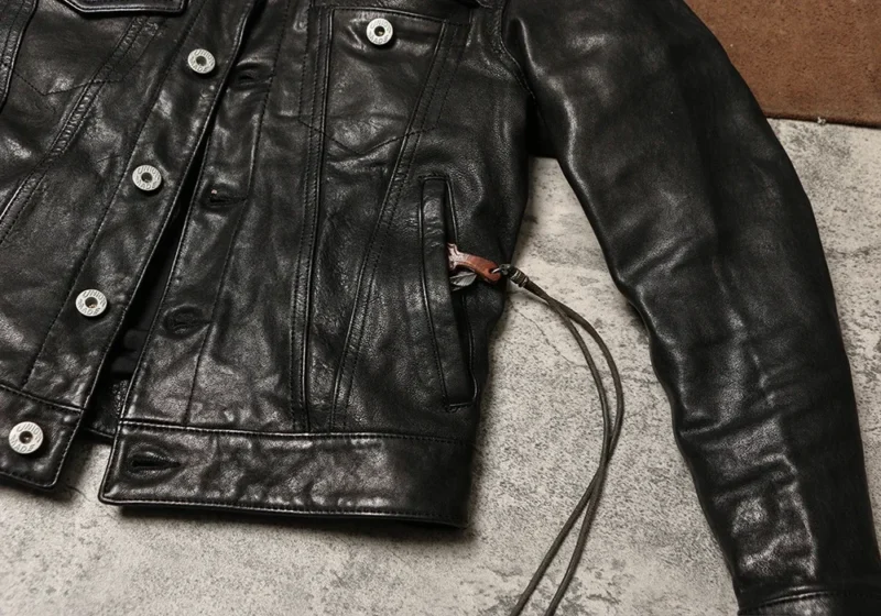 Vintage Washed Sheepskin Leather Jacket with Cargo Pockets for Men - Image 5