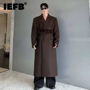 Men's Classic Double Breasted Wool Overcoat with Fur Collar and Belt