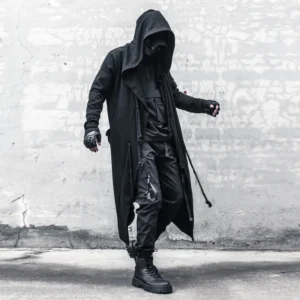 Gothic Hooded Trench Coat Double Breasted Long Windbreaker for Men