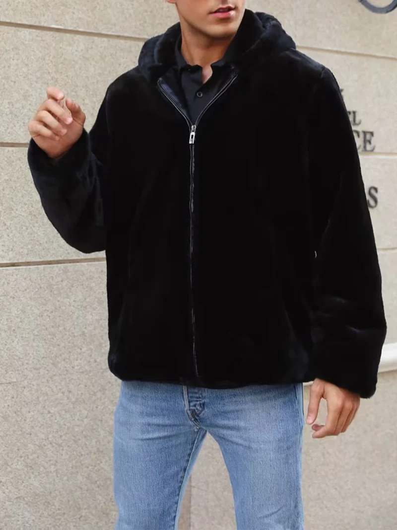 Men's Winter Plush Hooded Jacket with Zipper Front - Image 5