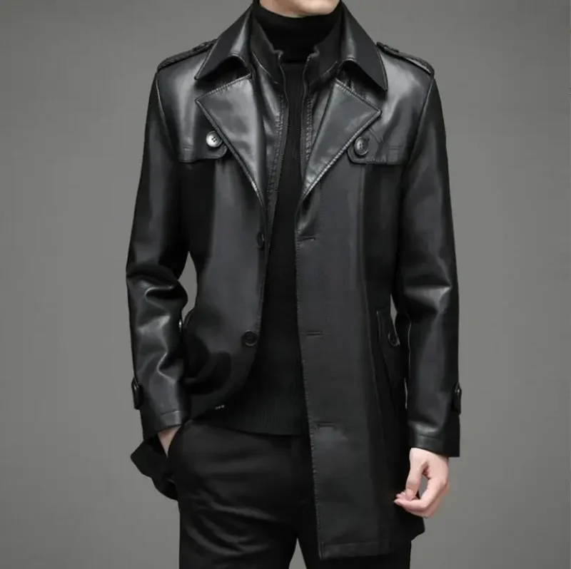Premium Sheepskin Leather Trench Coat with Turn-Down Collar for Men - Image 3