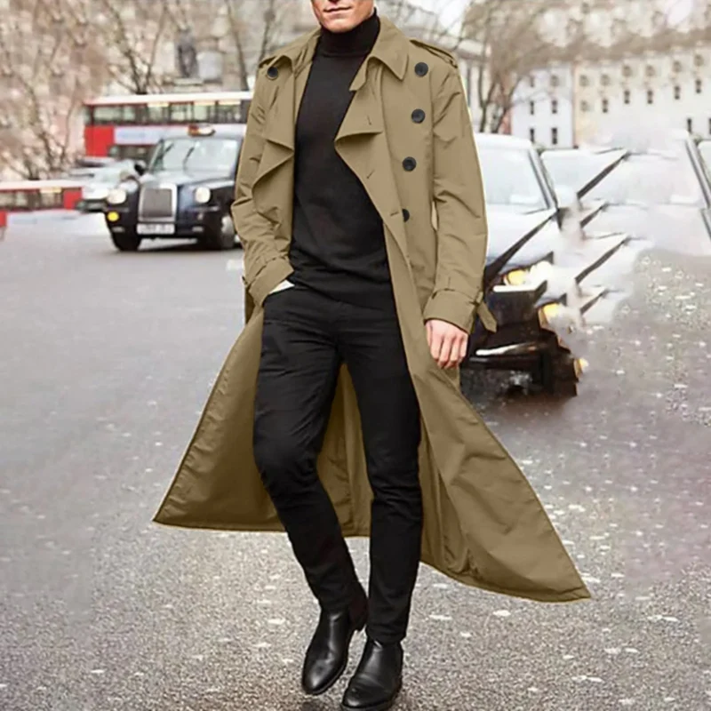 Classic Men's Double Breasted Trench Coat Extra Long Spring Autumn Windbreaker - Image 10