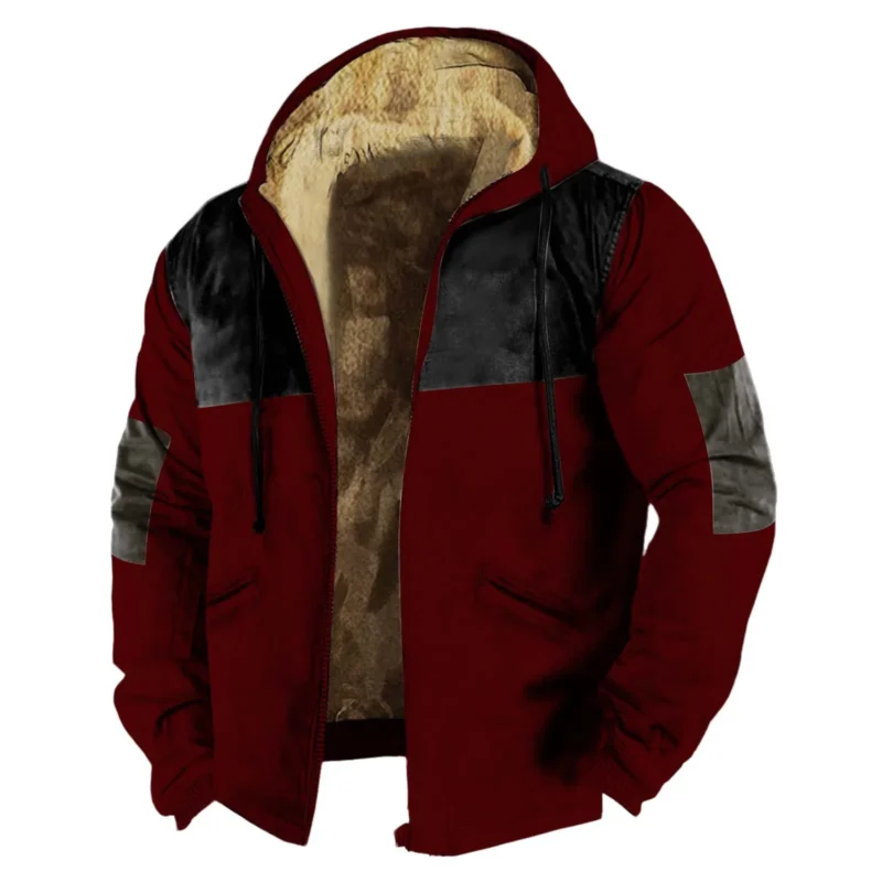 Men's Fleece-Lined Winter Hooded Jacket with Zip Closure and Color Block Design - Image 11