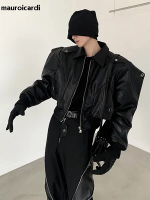 Structured Shoulder PU Leather Jacket with Zip Front for Men