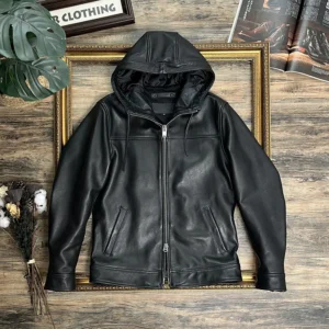 Premium Full Grain Hooded Leather Jacket with Zipper Closure for Men