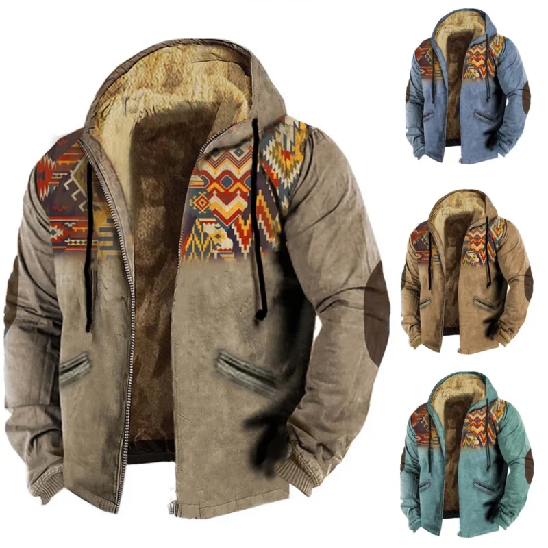 Men's Vintage Fleece Lined Hooded Bomber Jacket with Retro Print - Image 2