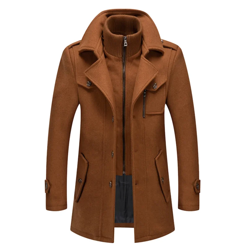 Men's Layered Turtleneck Wool-Blend Trench Coat with Zipper - Image 7