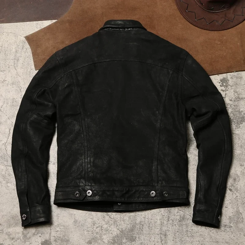 Premium Oil Cashmere Sheepskin Leather Jacket with Turn-down Collar for Men - Image 2