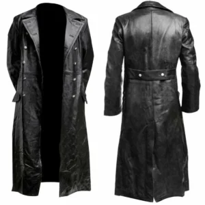 Classic Military Officer Leather Trench Coat in Black for Men