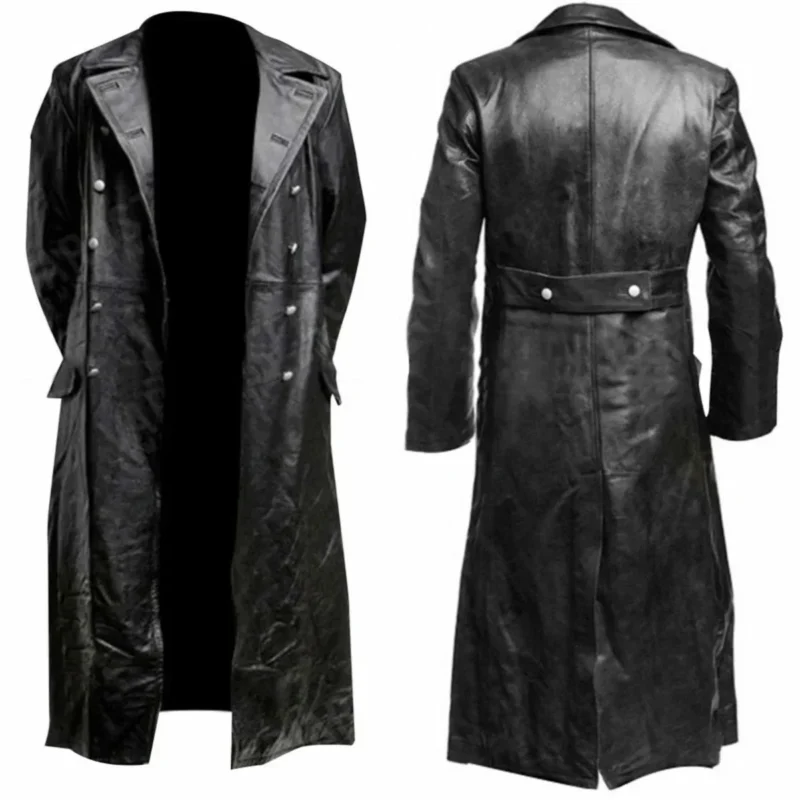 Classic Military Officer Leather Trench Coat in Black for Men
