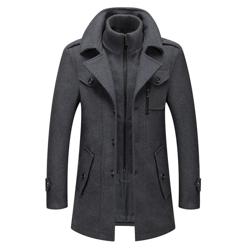 Men's Layered Turtleneck Wool-Blend Trench Coat with Zipper - Image 9