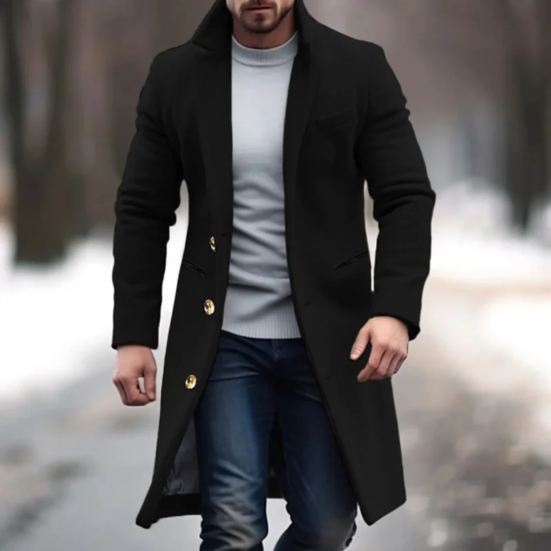 Men's Mid-Length Wool Blend Trench Coat with Single Breasted Closure - Image 3