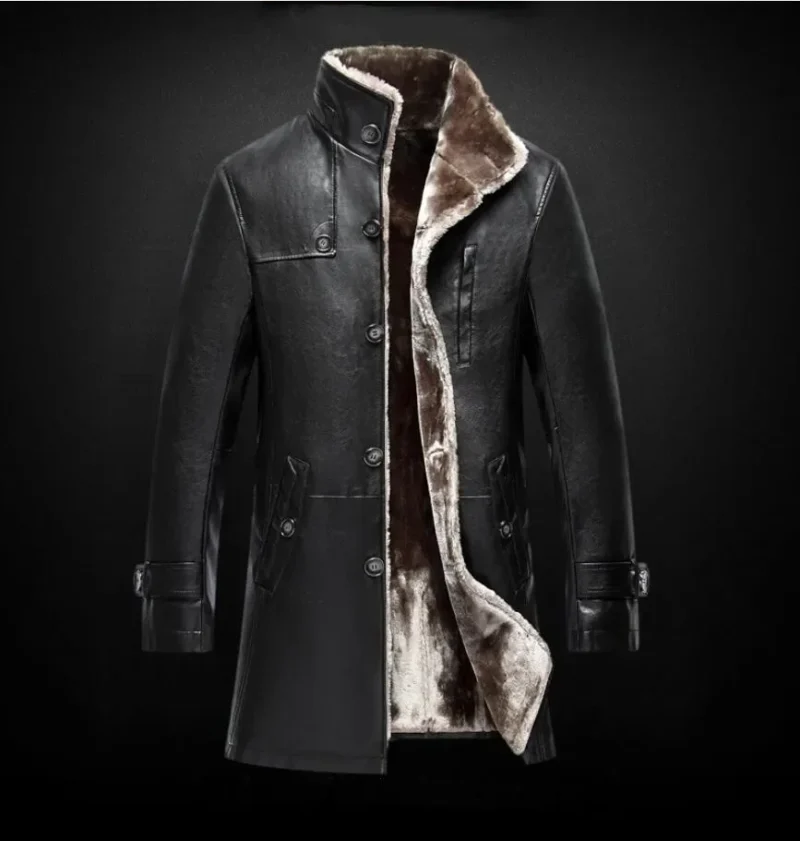 Premium Sheepskin Leather Long Parka with Fur Collar for Men - Image 5