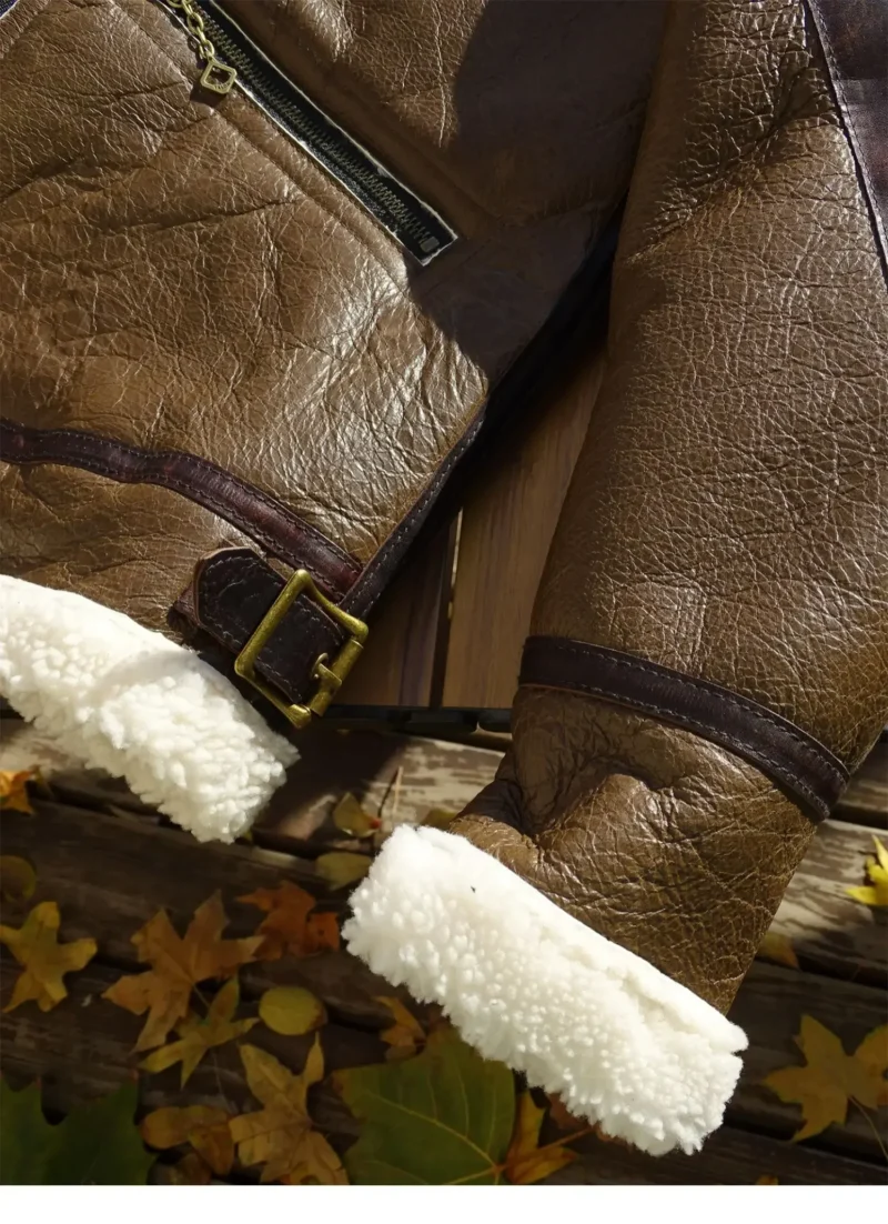 Premium Shearling Sheepskin Men's Leather Jacket with Turn-down Collar - Image 6
