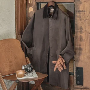 Vintage Waxed Cotton Mid-Length Overcoat with Corduroy Collar for Men