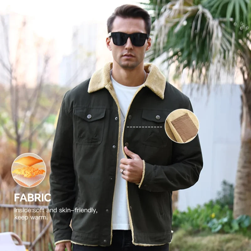 Men's Winter Shearling Lined Coat with Button Front and Turn-down Collar - Image 4
