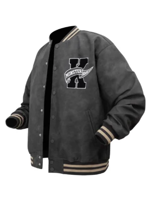 Men's Leather Varsity Bomber Jacket with Embroidered Letters